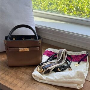Tory Burch Petit Lee Radziwell Double Bag Tiger’s Eye Pebbled Leather